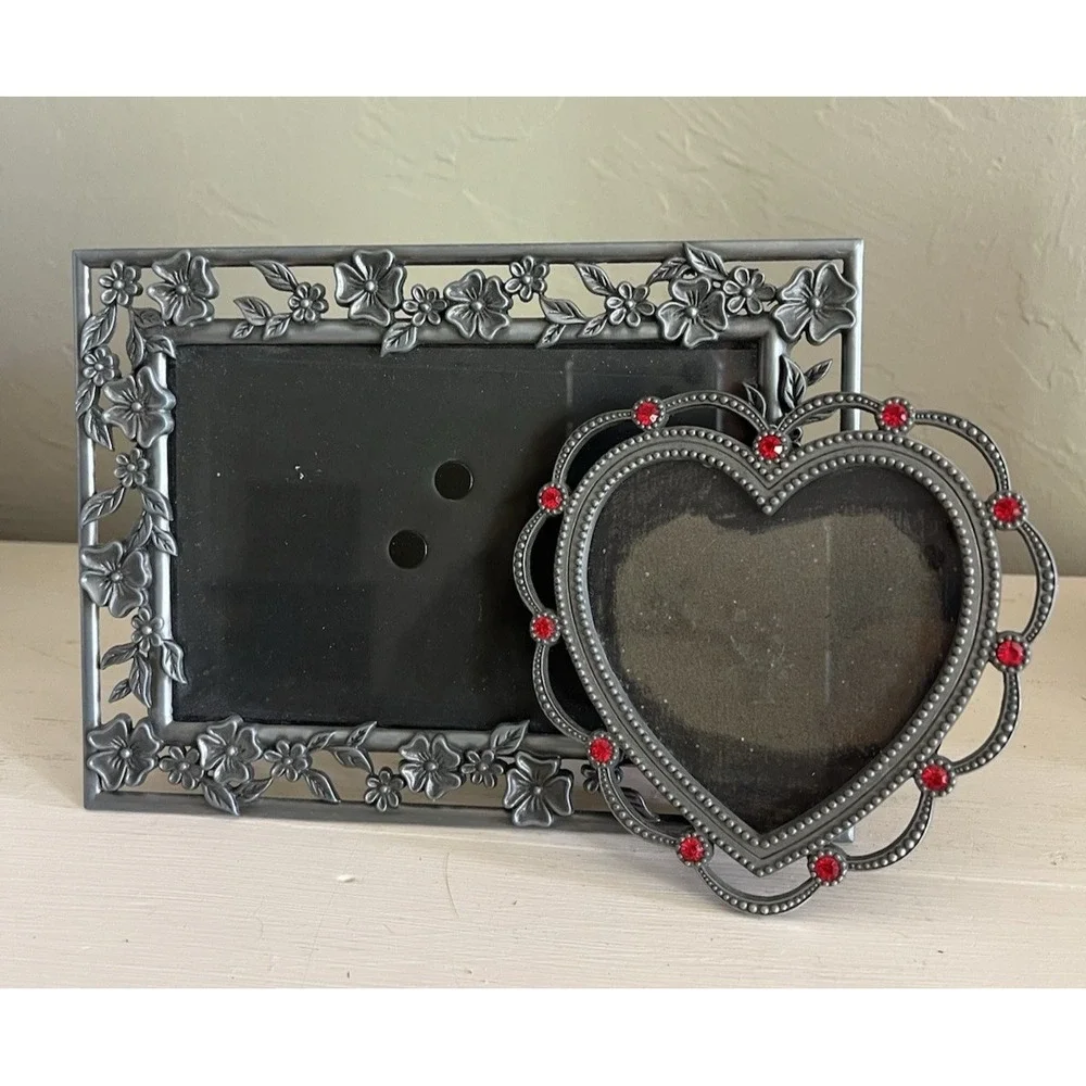 Vintage Pewter Frames Lot Photo Picture Heart Flower Floral Vine Set 2